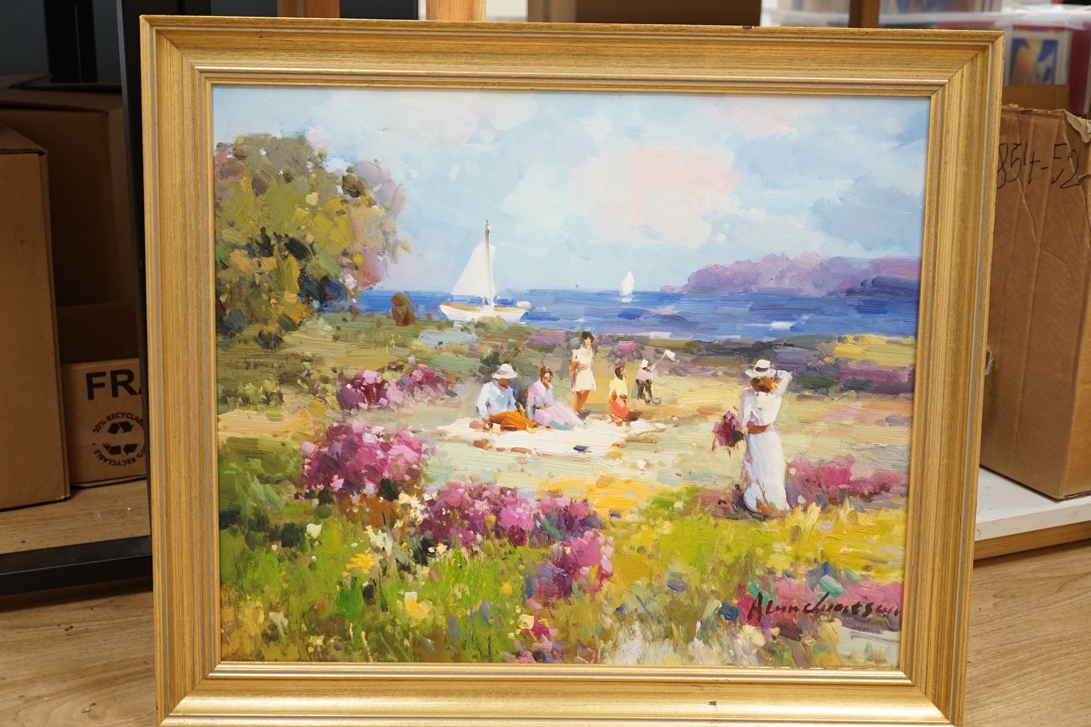 Alan Watson, oil on canvas, Picnickers on the coast, signed, 49 x 59cm